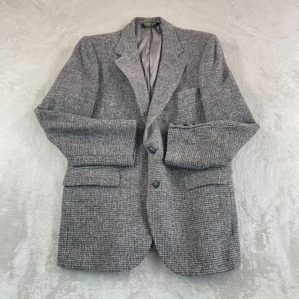 Vintage Harris Tweed Wool Blazer Jacket 44R Brown‎ Leather Buttons USA Made